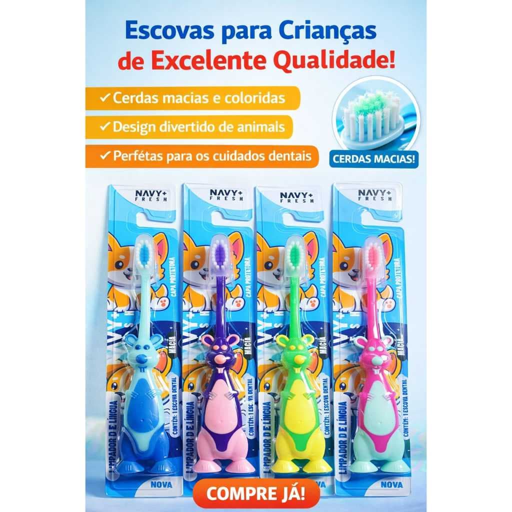 kit 4 escovas dentes infantil arredondadas ideal para boca das crianças  capa protetora coloridas divertidas