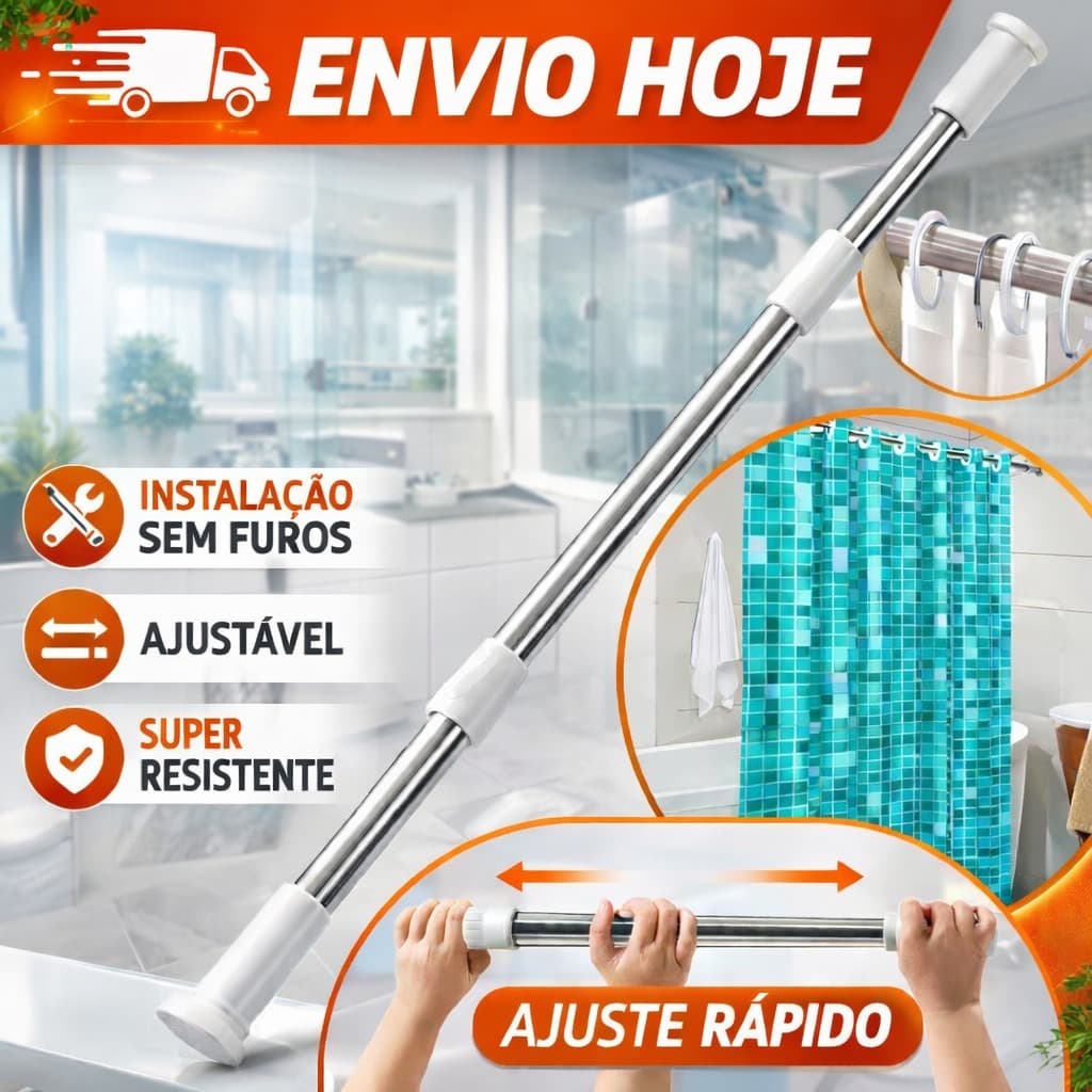 Varão Extensível Ajustável Box Banheiro Provador Cortina Universal Regulável Sem furos