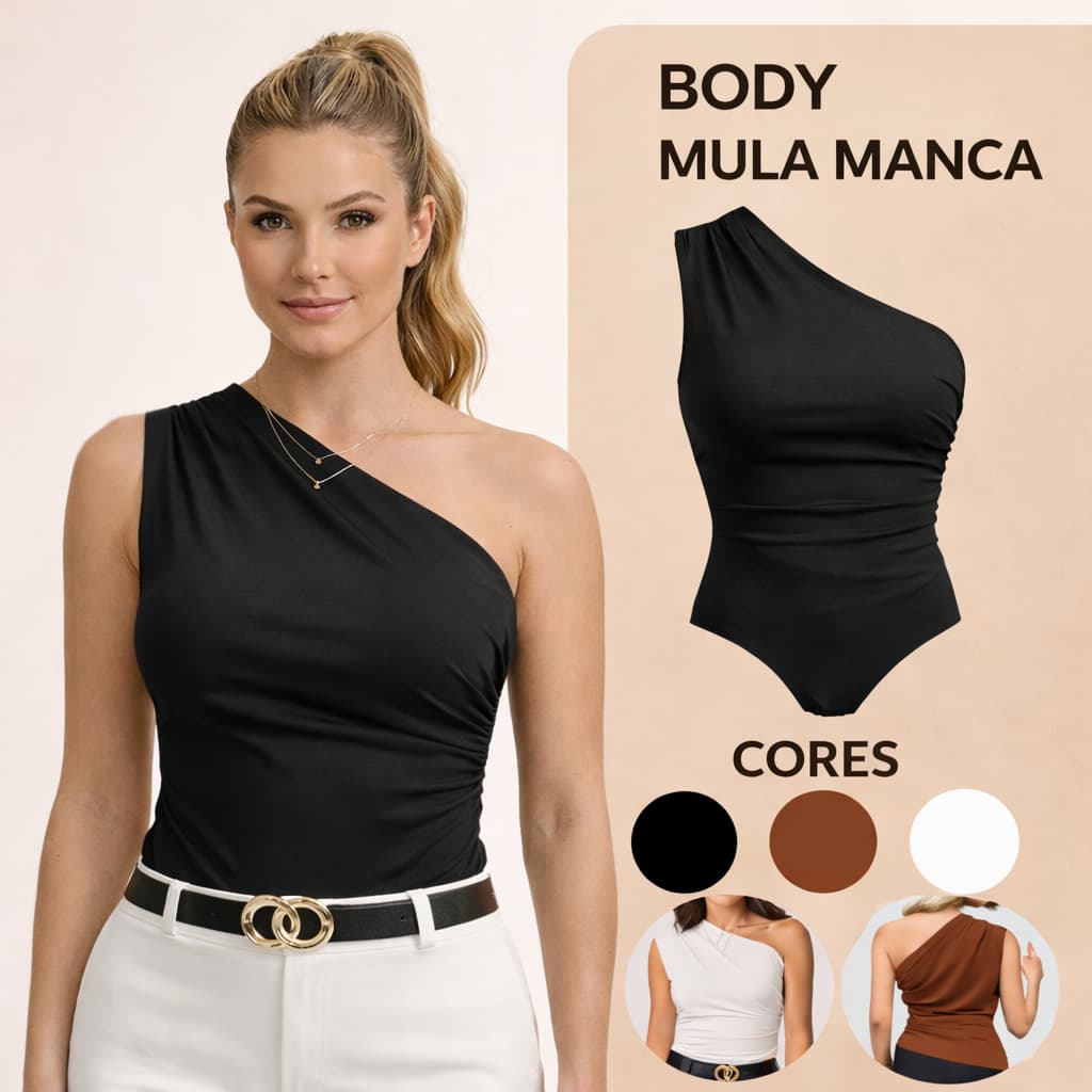 Body Feminino Suplex Um Ombro Só Mula Manca Plissado Com Forro Tendência Moda Premium
