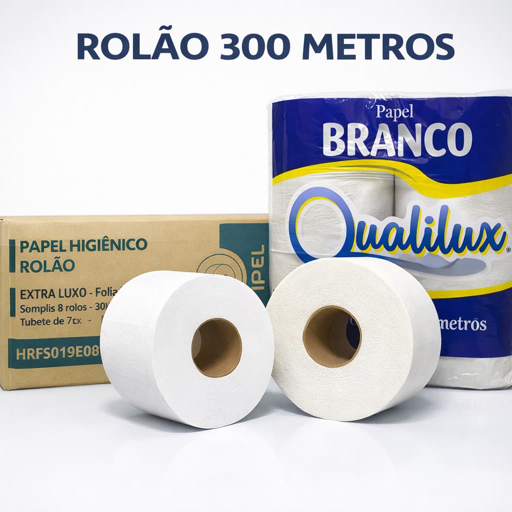 Papel Higiênico Rolão 300m Grande 100% Celulose Branco Luxo Branquinho Ipel Caixa Fardo 8 Rolos P/ Empresas Comércio