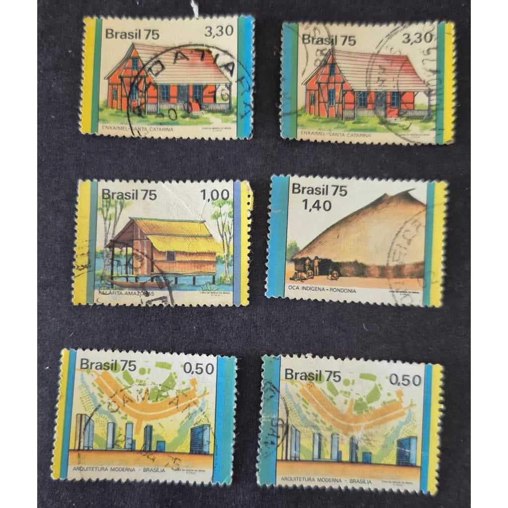 Selo dos correios, parte da série habitações no Brasil, selos usados. Filatelia