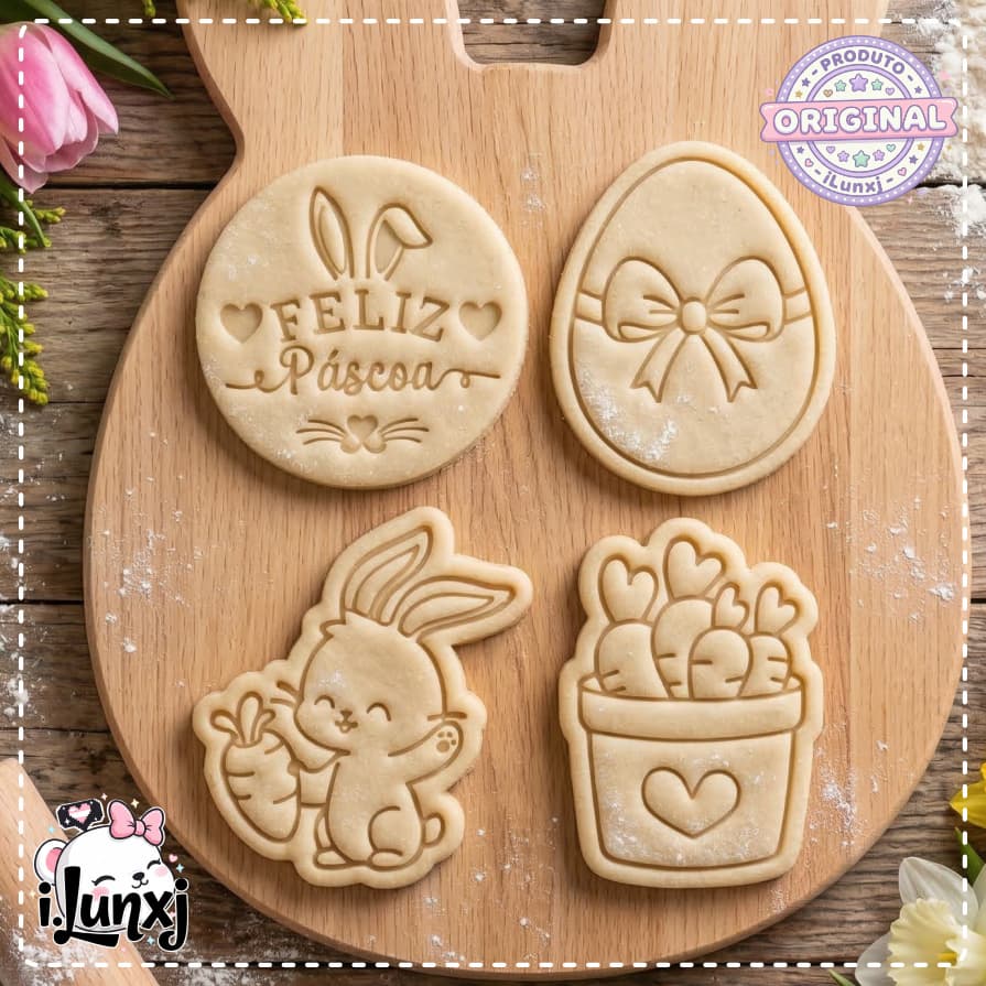 Kit 4 Cortadores e Marcadores para Páscoa -  Coelho Cenoura Ovo Feliz Páscoa 6cm - Biscoito Biscuit Pasta Americana