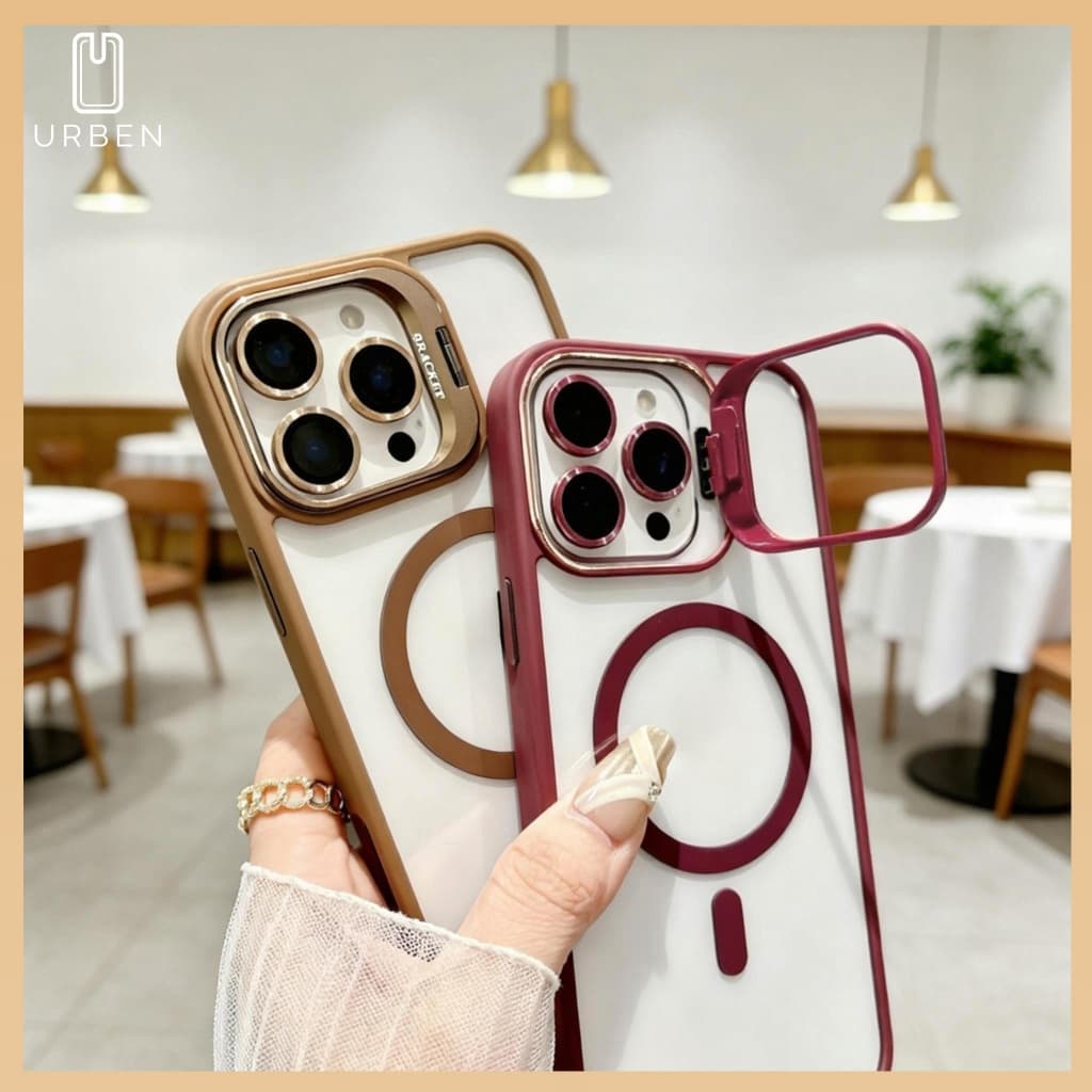 Capa Transparente Magsafe com Suporte de Câmera e Película de Lente para iPhone 11 12 13 14 15 16 Pro Max Anti-Impacto