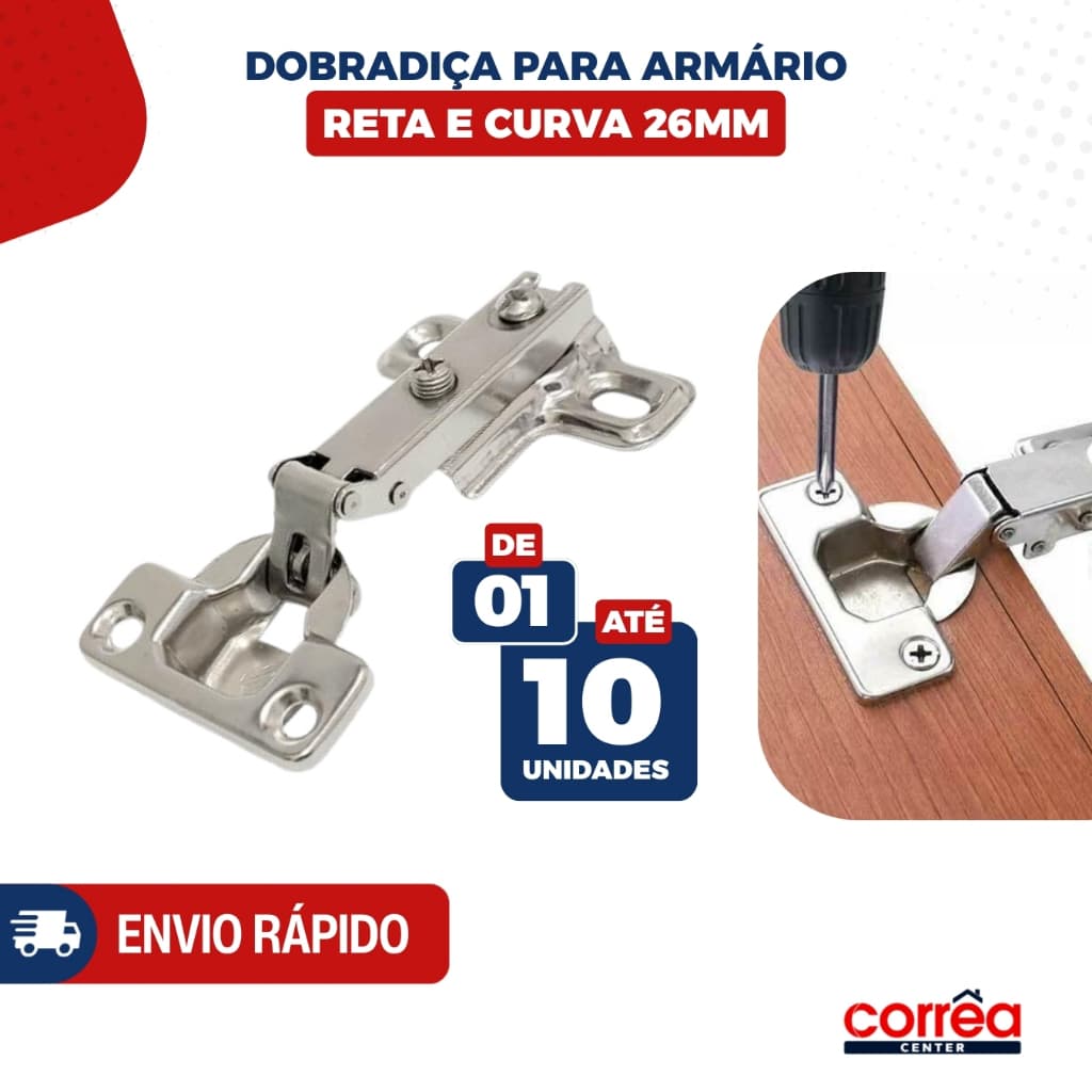 Dobradiça 26mm Reta para Porta de Armário – Cozinha, Banheiro e Móveis – 1 até 10 Unidades