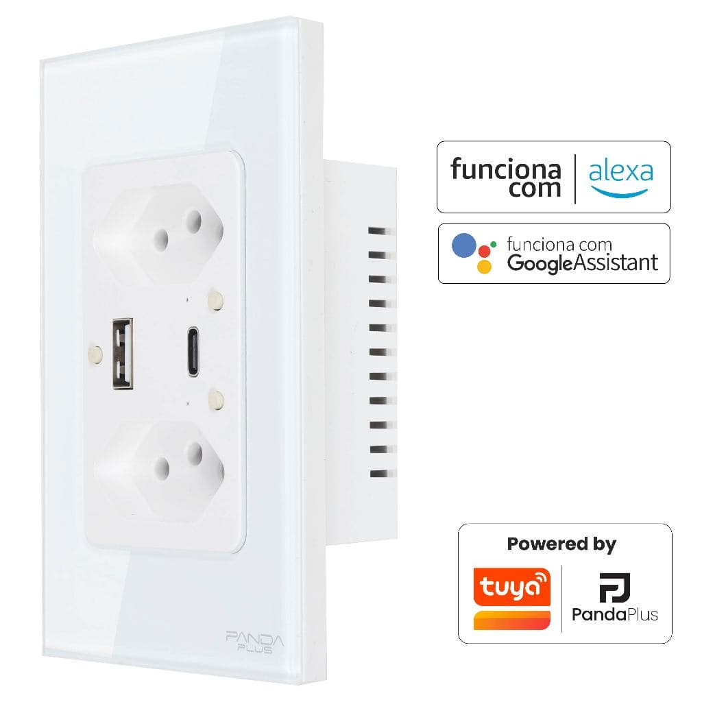 Tomada Inteligente Wifi Dupla USB-A/C Carrega Rápido 10A Bivolt Smartlife Tuya Panda Plus Alexa Google Controle Voz App