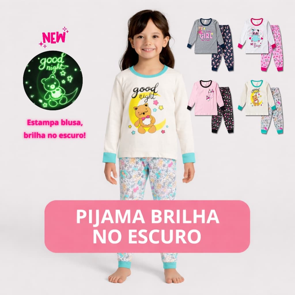 Pijama BRILHA NO ESCURO Menina de Manga Longa Frio Inverno Juvenil/ Infantil Conjunto de Algodão