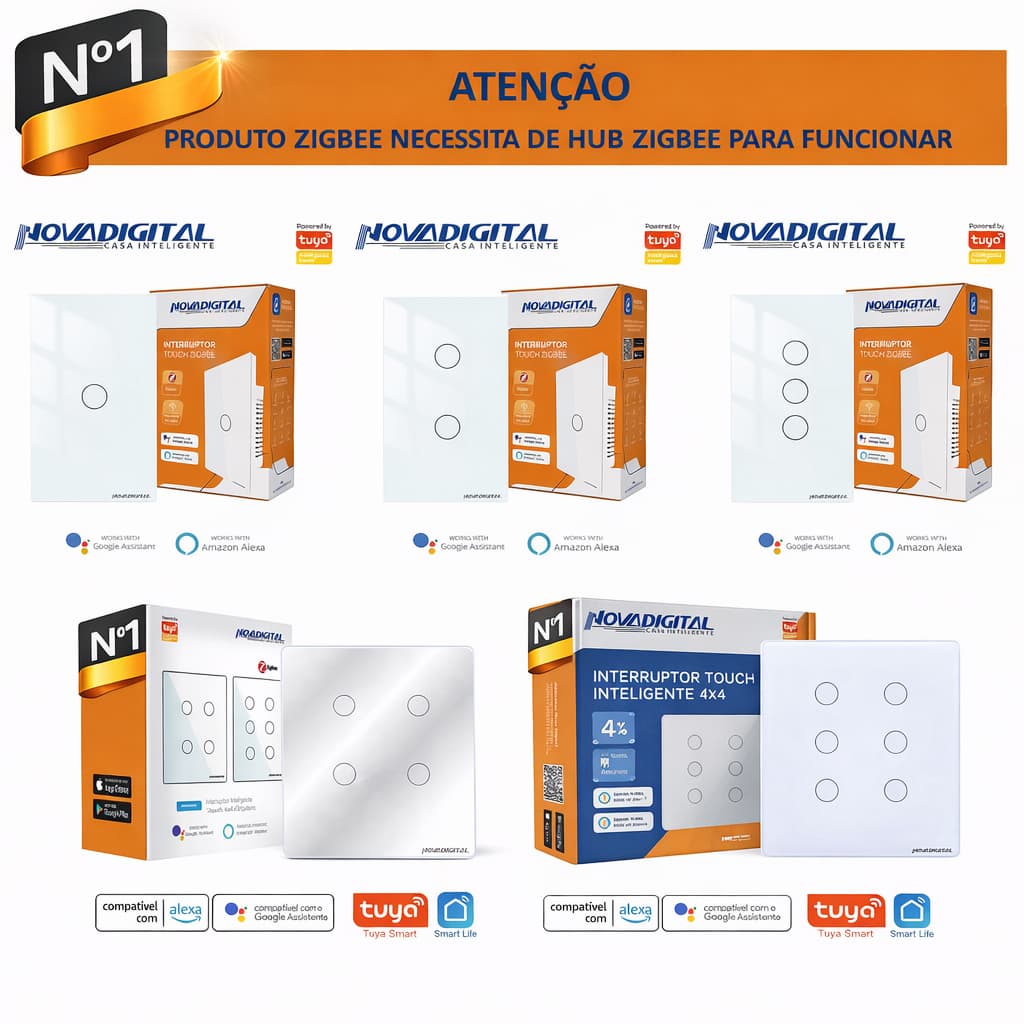 Interruptor Smart Zigbee Touch Tuya Nova Digital Smart Life Automação Residencial Modelos de 1/2/3/4/ Botões Nçao é WIFI