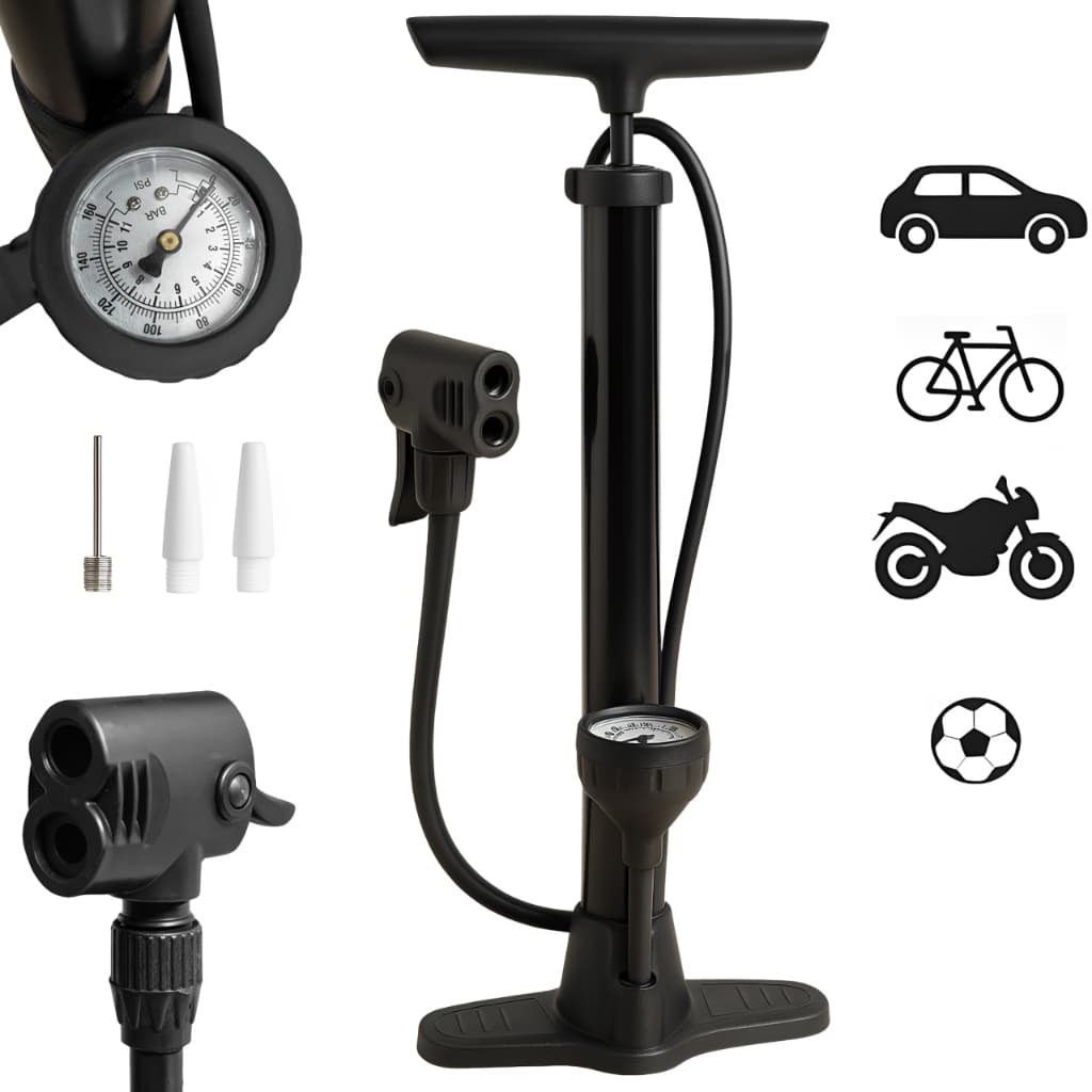 Bomba De Ar Manual 60cm com Manômetro 160psi para Pneus Carros e Bola + 3 Bicos Adaptadores