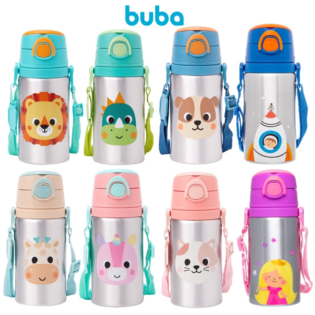 Garrafa de Água Infantil Alumínio Buba Canudo Retrátil Garrafinha Infantil Resistente Escolar Verão