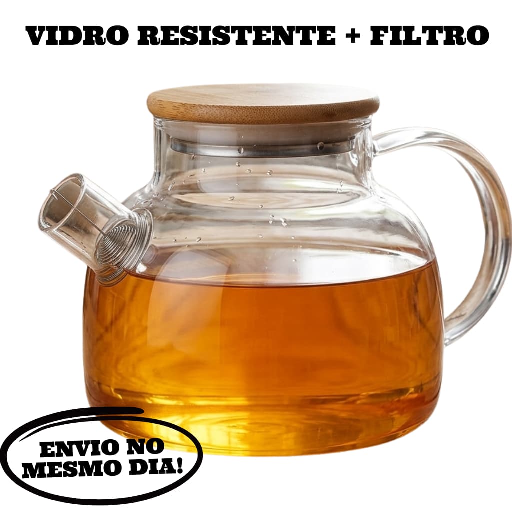 Chaleira Bule de Vidro Borossilicato 1L com Tampa de Bambu e Coador Infusor de Inox