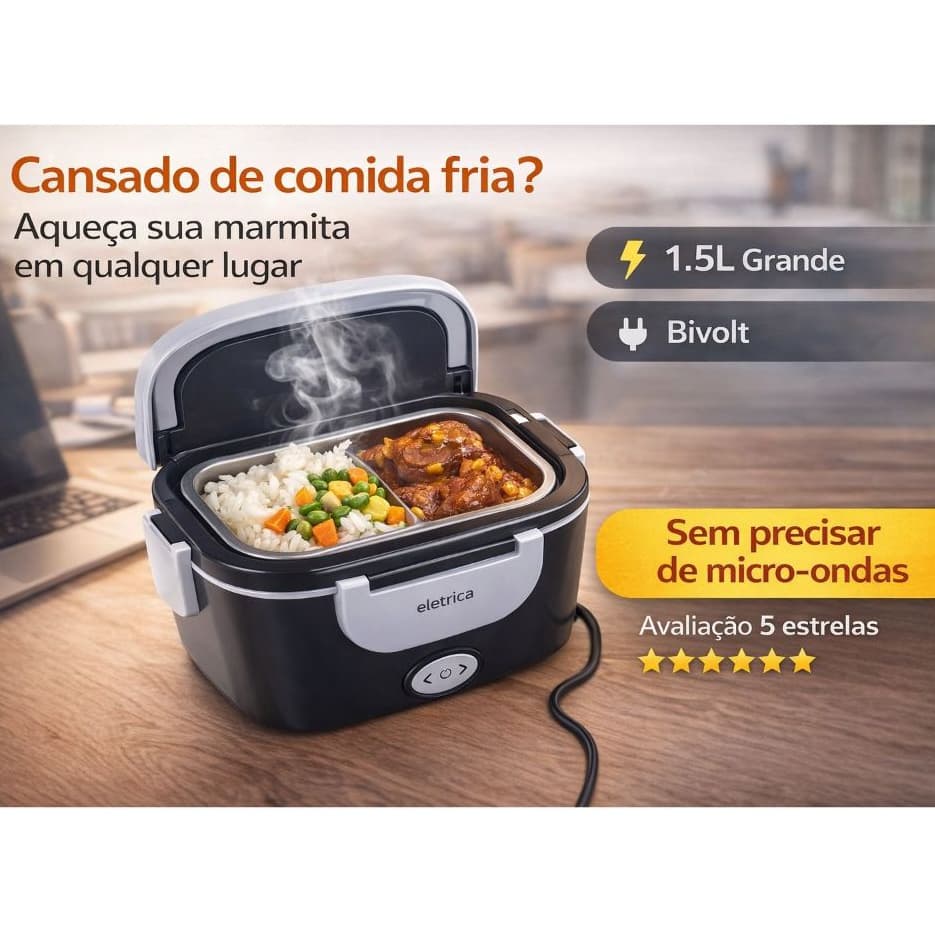 Marmiteira Elétrica Marmita Térmica Bivolt 1,5L Preta Aquecer Refeições Rápido Praticidade Total