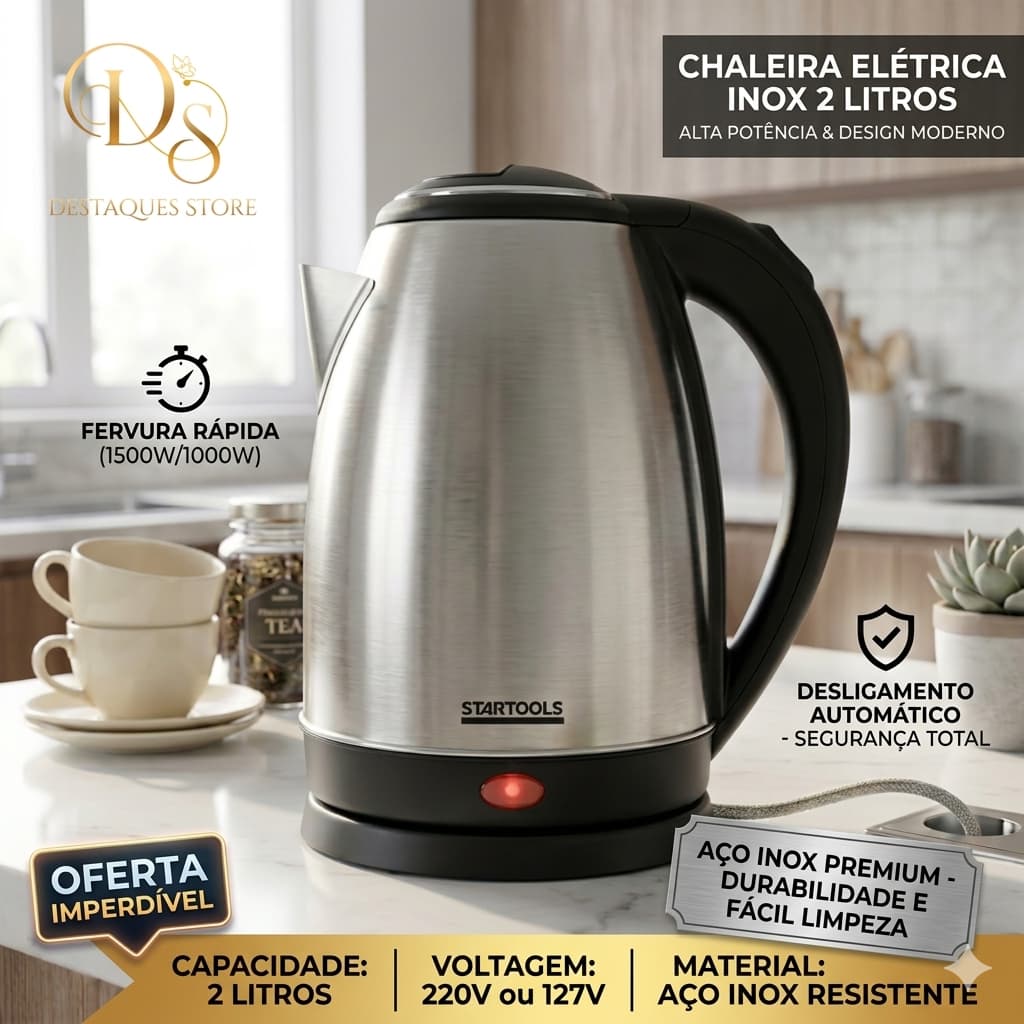 Chaleira Elétrica Inox Jarra 2 Litros Ferve Água Rápido Desligamento Automático 127V (110V) ou 220V