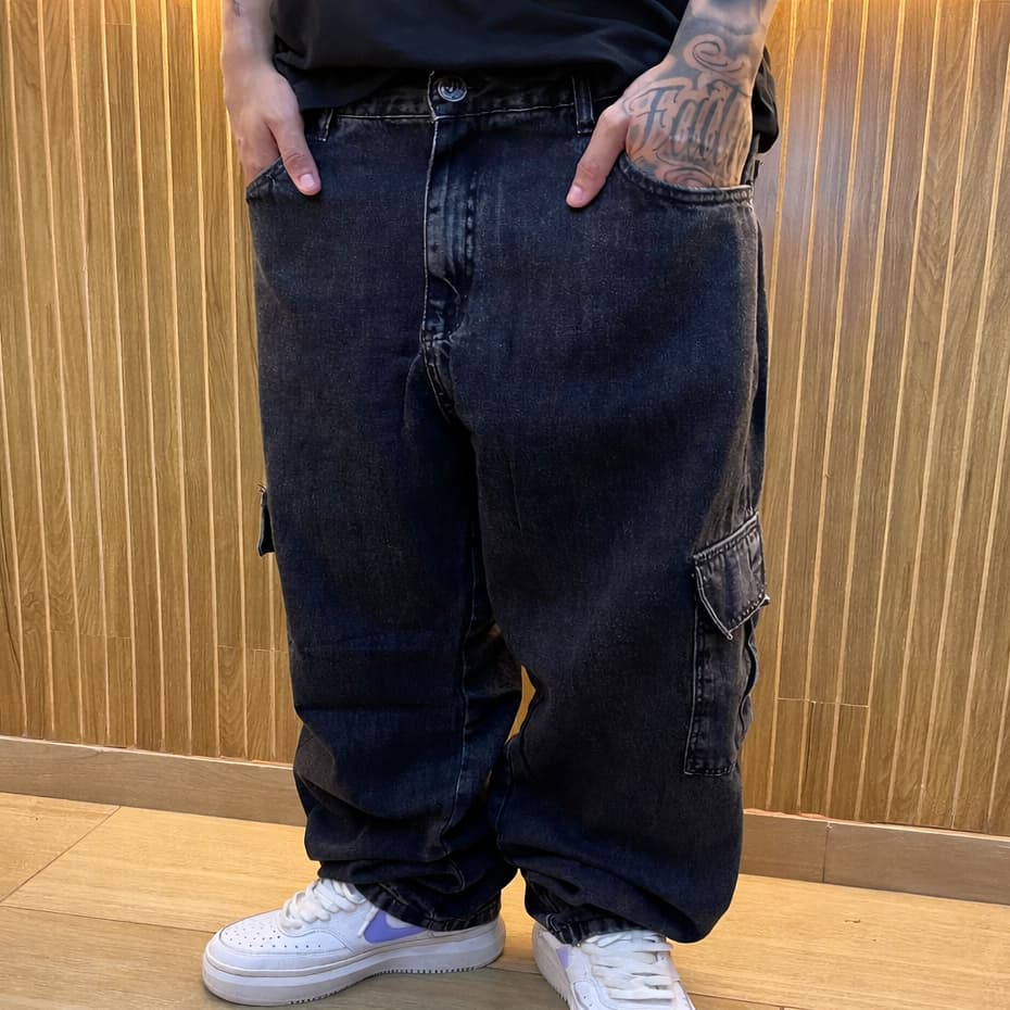 Calça Cargo Jeans Balão Baggy Larga Streetwear Botão Confortável Grafite Original Estilo