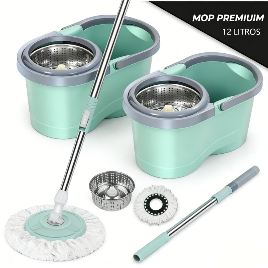Mop Girátorio Cleaner Profissional – Balde com Centrífuga 12L + Refil Duplo e Cabo Reforçado