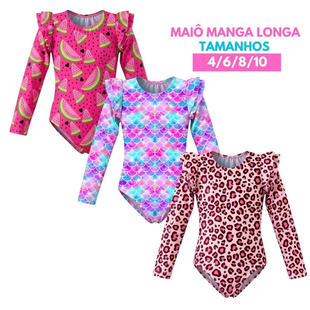 Maiô Manga Longa Comprida Menina Infantil Estampado Blogueirinha Verão Tam 4 ao 10 Moda Praia Piscina