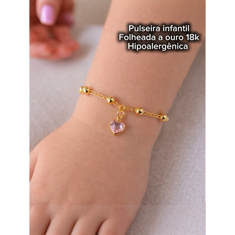 Pulseira Infantil Coração Rosa Folheado a Ouro 18k