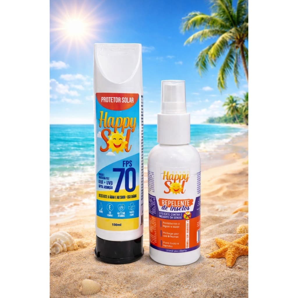 🌞 Kit Happy Sol: Protetor Solar FPS 70 + Repelente — Proteção Total para Dias de Verão!
