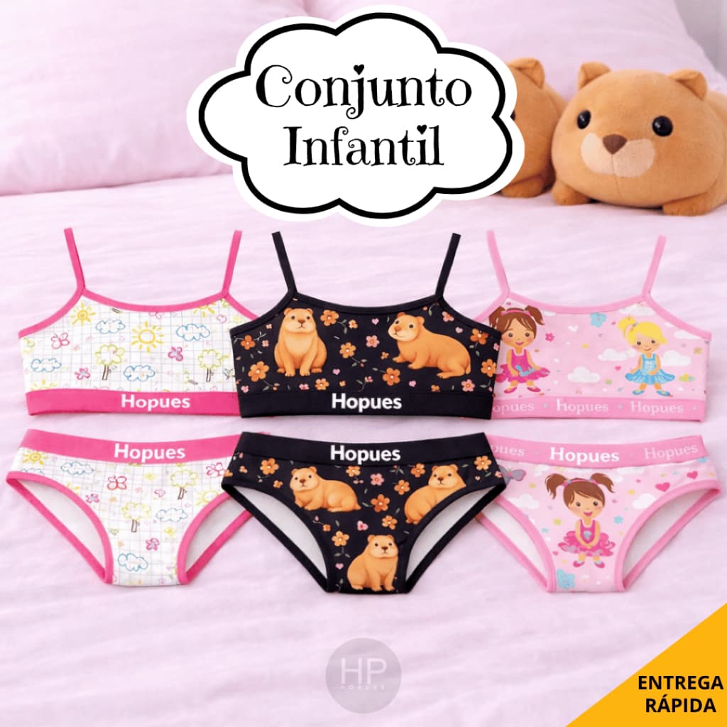 Kit 3/5 Conjuntos Calcinha e Sutiã Infantil Sem Bojo Elástico Estampado