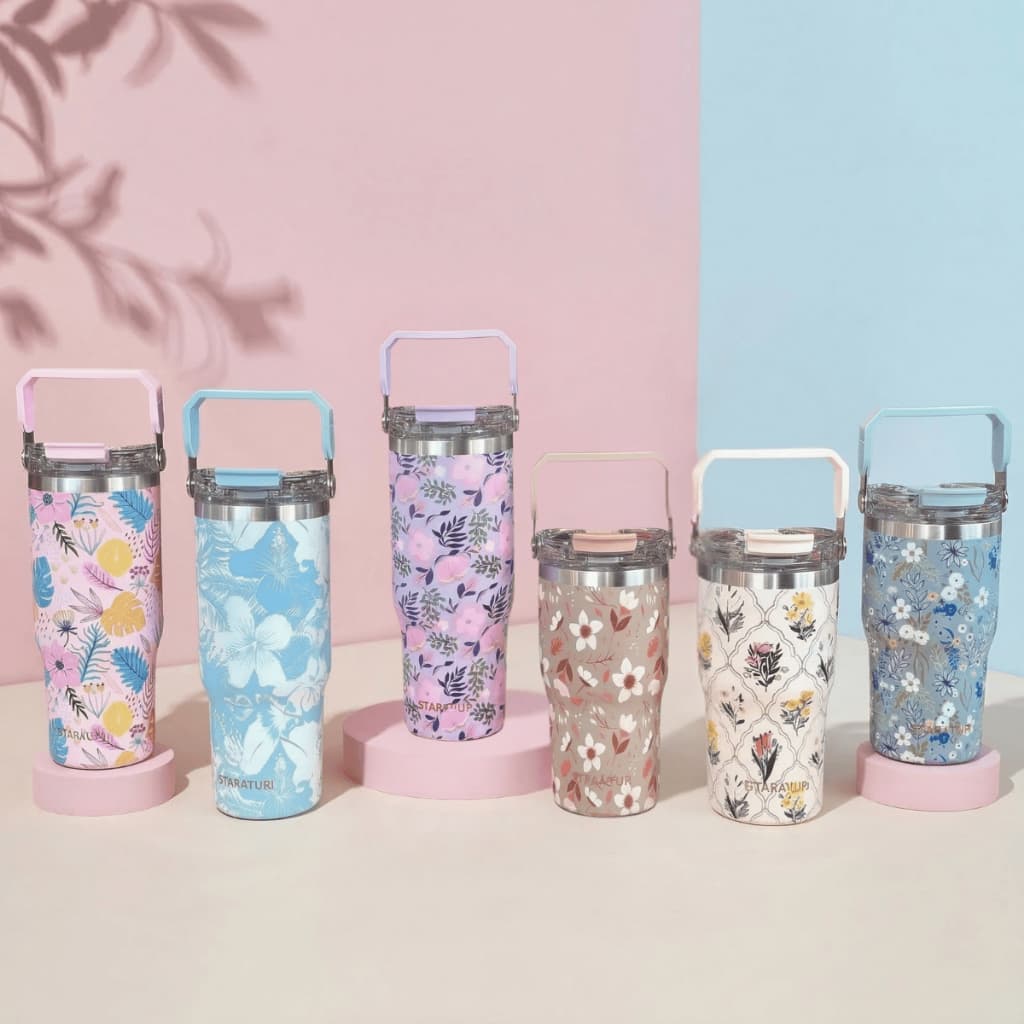 Copo Térmico 600ml 900ml Com Canudo Alça e Tampa Parede Dupla Antivazamento Estampado Viagem Academia