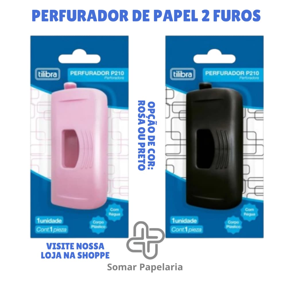 Perfurador 2 Furos 10 Folhas P210 Rosa Claro ou Preto - Tilibra