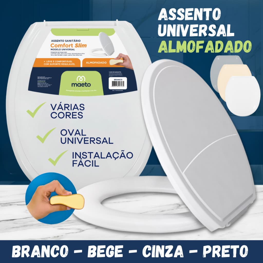 Tampa de Vaso Assento Sanitário Almofadado Oval Redondo Universal Tabua Branco Bege Cinza Resistente