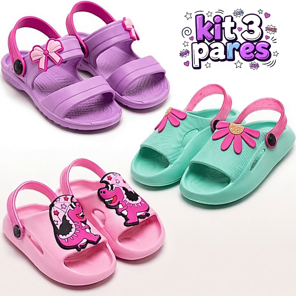 Kit 3 Pares Sandália Papete Infantil Menina Leve e Confortável