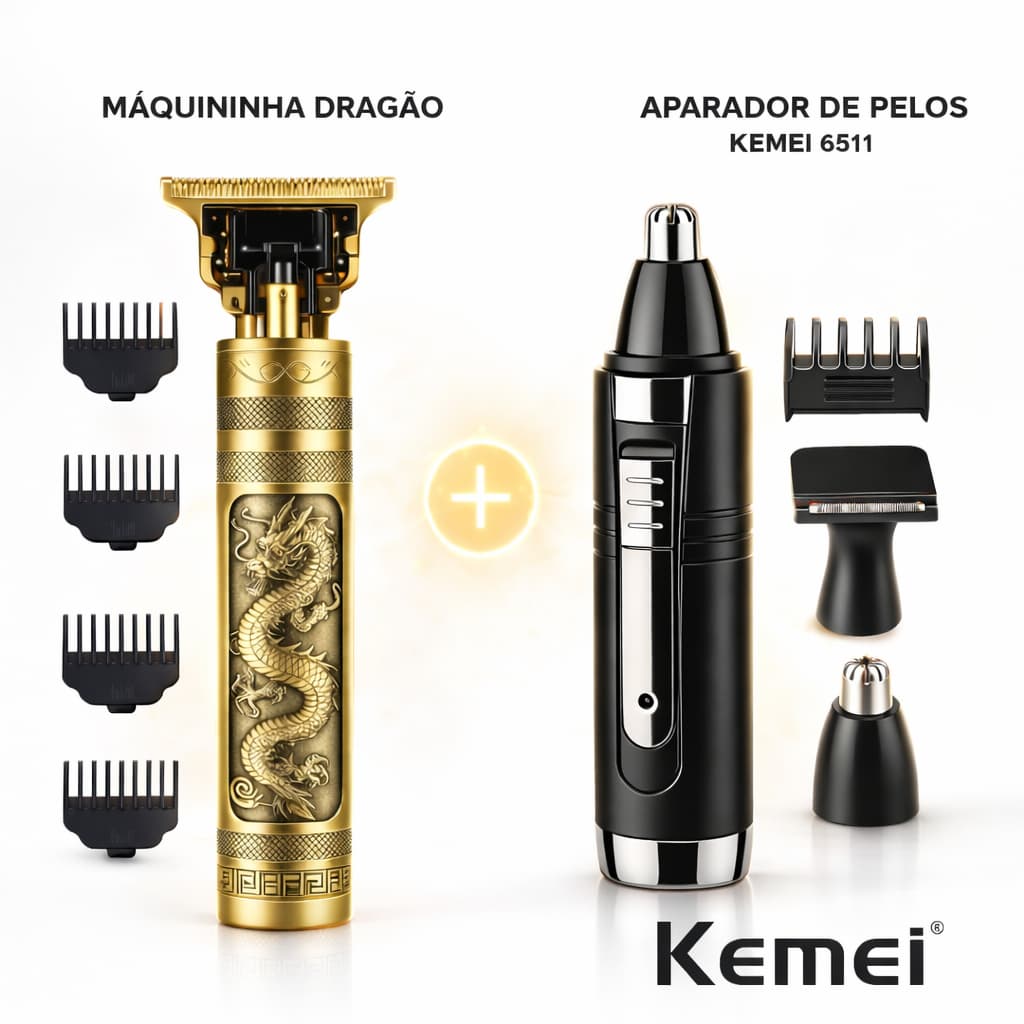 Kit Kemei 6511 + Máquina  Dragão Cortar Cabelo Barba Barbeador Nariz Profissional Recarregável USB