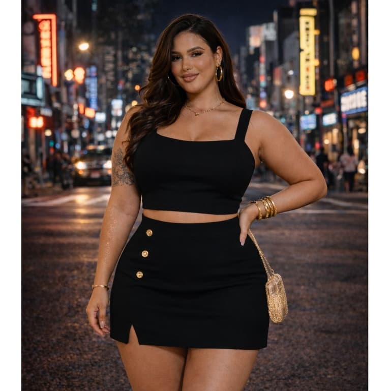 Conjunto Plus Size Cropped + Short-Saia com Botões | Scuba/Liverpool | G GG G1 G2 G3 | Confortável e que Valoriza