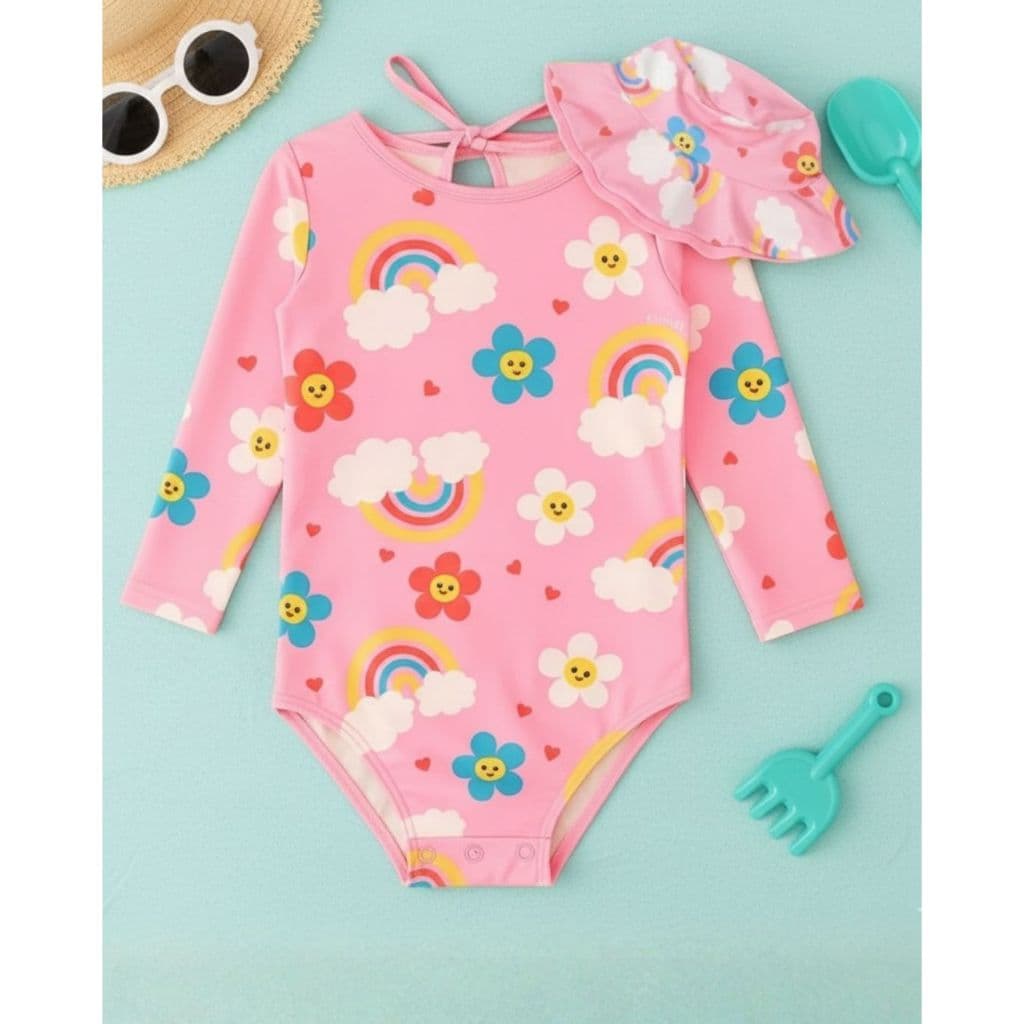 Kit Maiô Biquíni Bebê Infantil UV 50+ Manga Longa com Chapéu