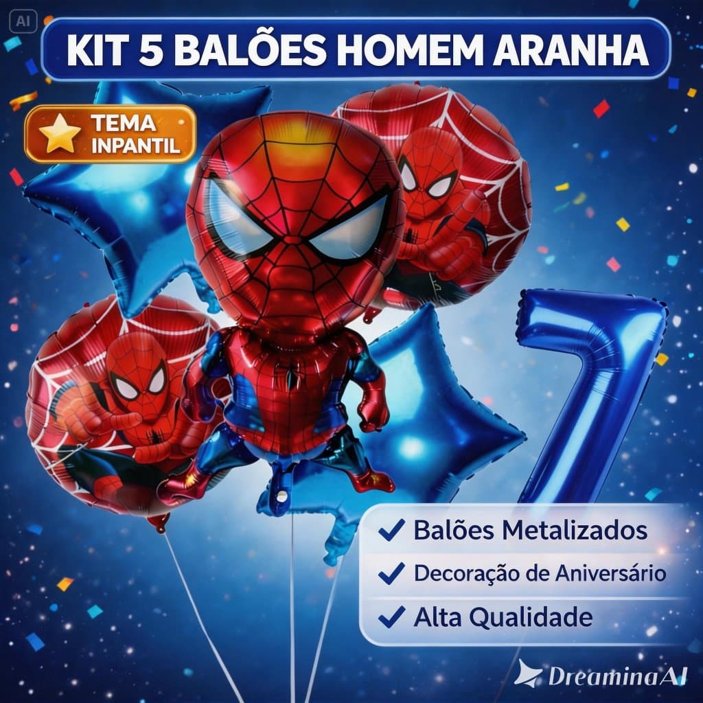 Kit 5 Balão Metalizado Homem Aranha Estrela Azul + 1 OU 2 Números Azul