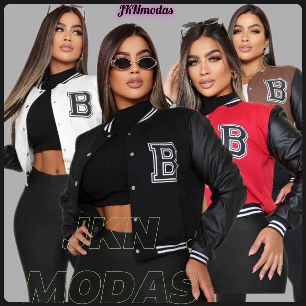 JAQUETA  Bomber Feminina MANGA COURO estilo Colegial Bomber moda Blogueira Inverno