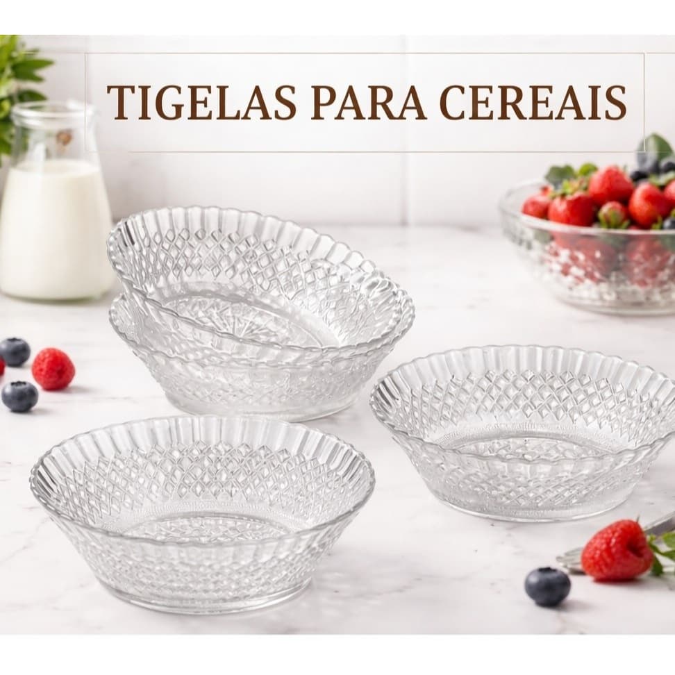 Conjunto 2 Tigelas Vidro Barroco 570ml Para Cereais Multiuso Transparente