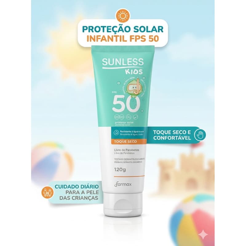 Protetor Solar Infantil FPS 50 Toque Seco Proteção Alta Rápida Absorção Resistente ao Dia a Dia Crianças 120g