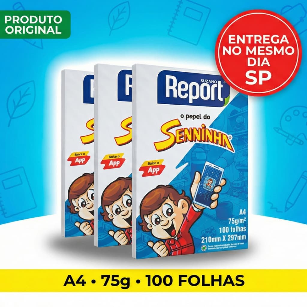 Papel Sulfite A4 100 Folhas Kit 1, 2 e 3 Pacotes Seninha Report Branco Escolar Resma Desenhar Pintar