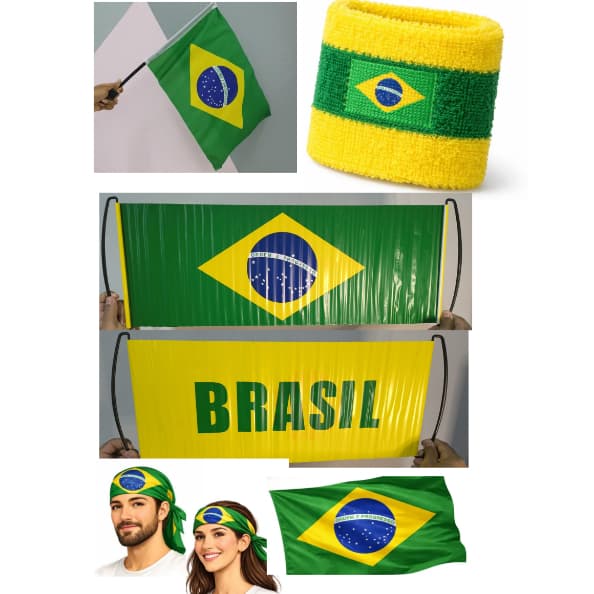 Kit 12 peças Torcida Brasileira Faixa Elastica Cabeça Munhequeira Bandeira Brasil Copa Mundo