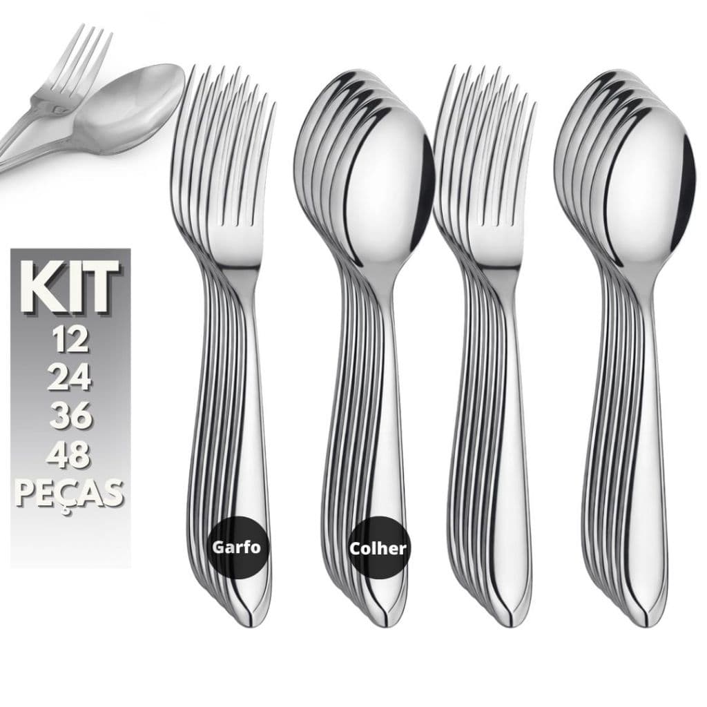 Kit 12, 24, 36 ou 48 Peças Jogo de Talhares Inox Colheres de Sopa e Garfos de Mesa Talheres Faqueiro
