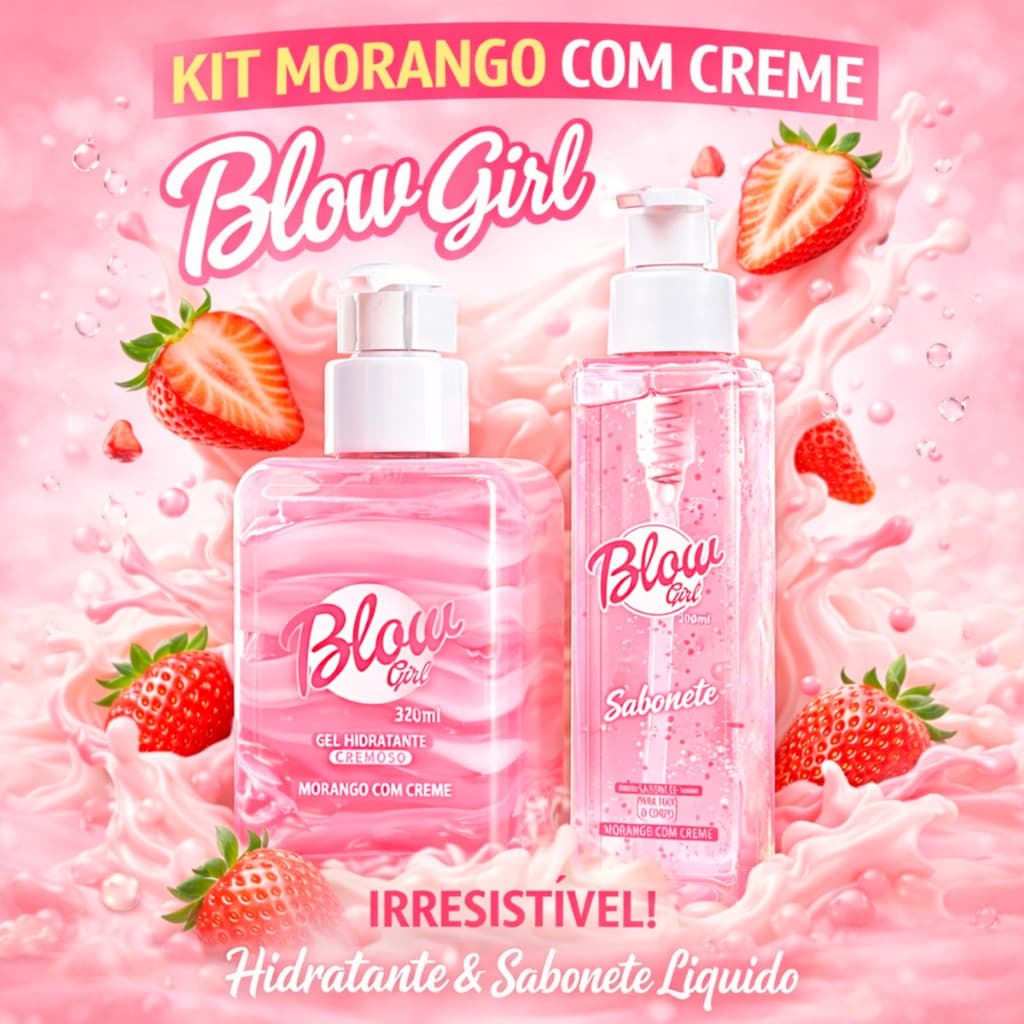 Kit Hidratante Corporal Beijavel Sabonete Liquido Morango com Creme Blow Girl Pele Cheirosa e Macia