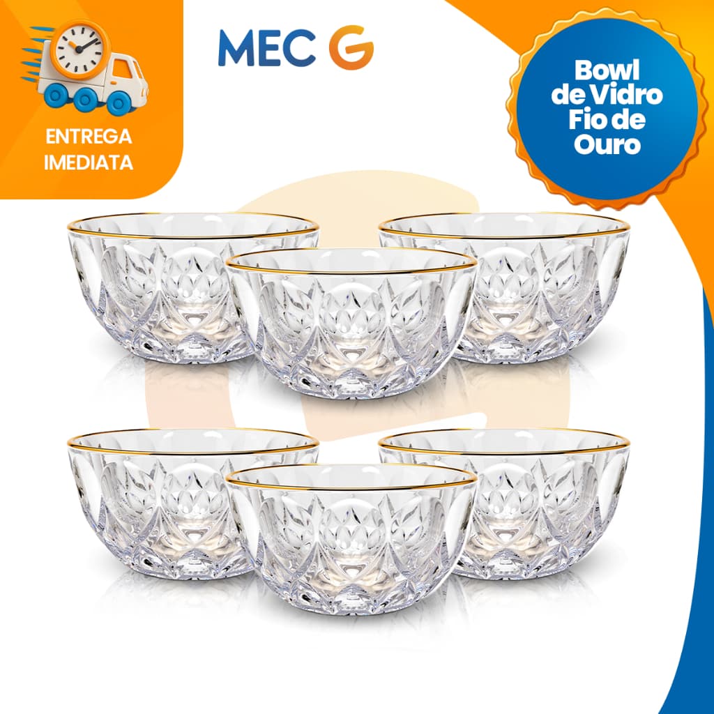 Kit de Tigelas de Vidro Fio de Ouro Cumbuca Vasilha 6 Peças Sofisticado Bowl de Vidro
