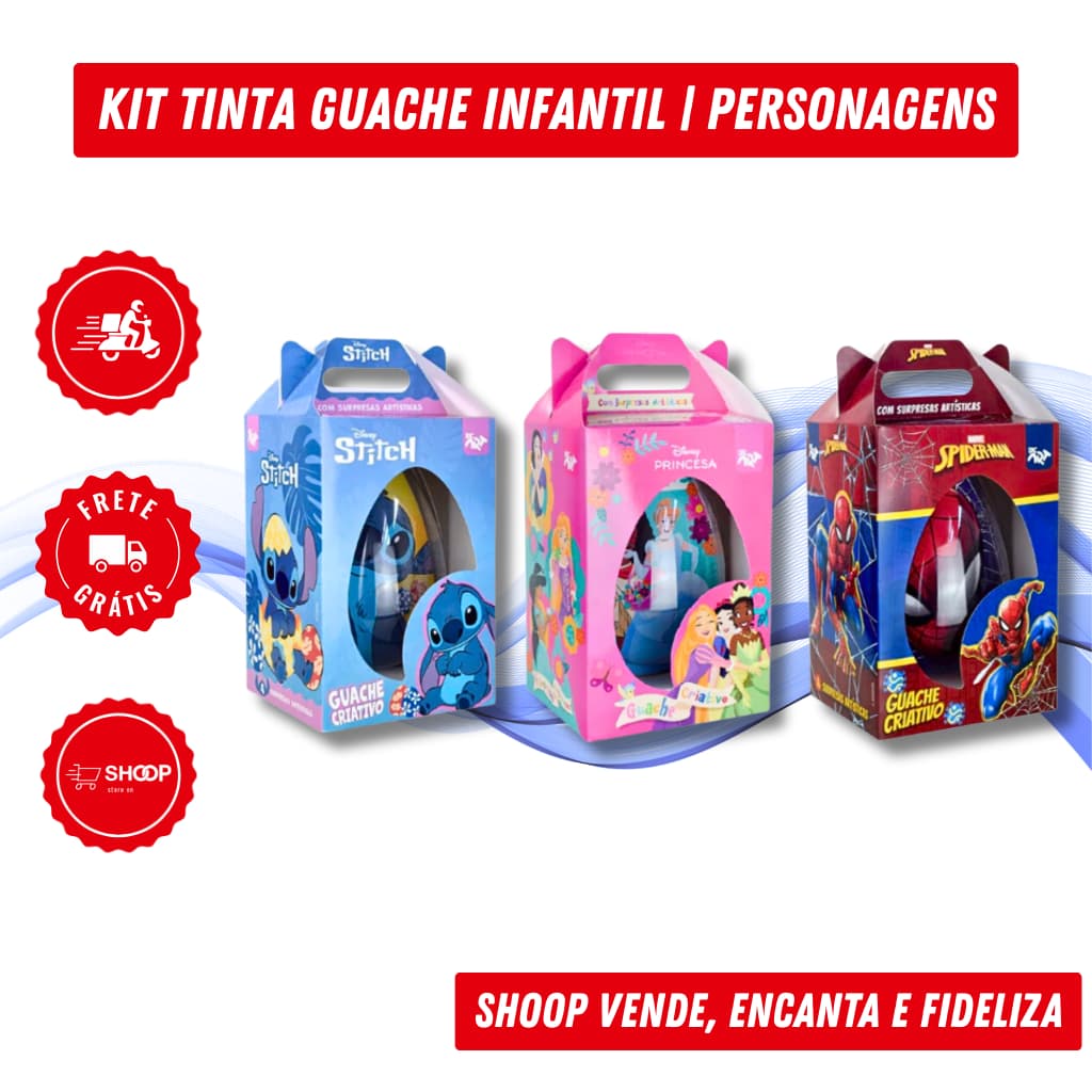 Kit Tinta Guache Infantil Personagens | 6 Cores + Pincel | Adesivos | Atividade Criativa Páscoa