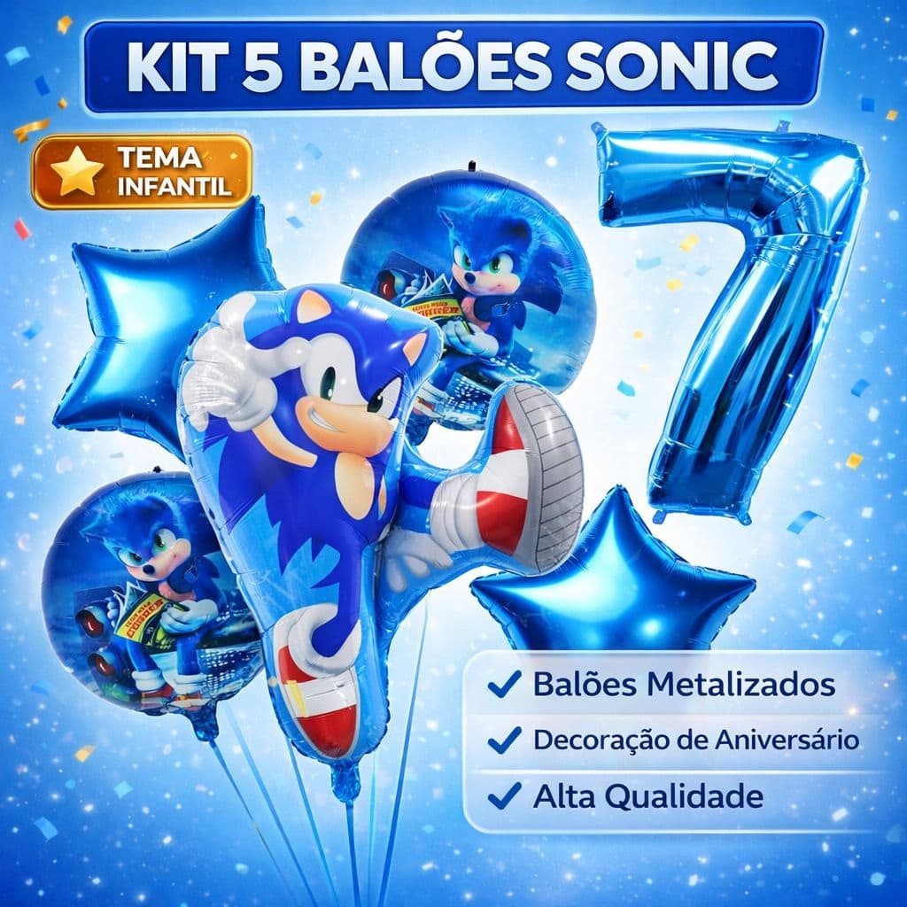 Kit 5 Balão Metalizado Sonic + Estrela Metalizados + Balão Redondo Sonic + Numero 40cm