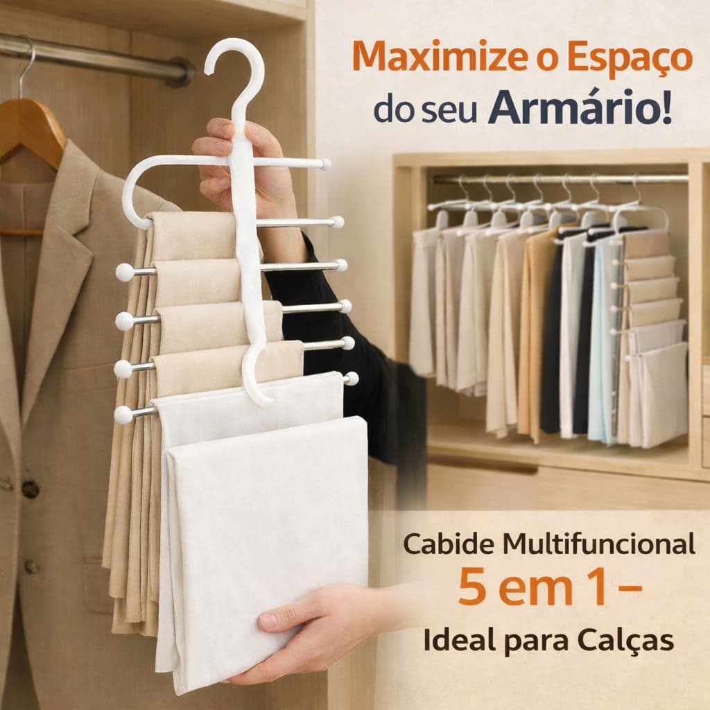 Cabide Multifuncional Para Roupas Calca 5 x 1 Aço Inox com 5 Divisorias Retratil