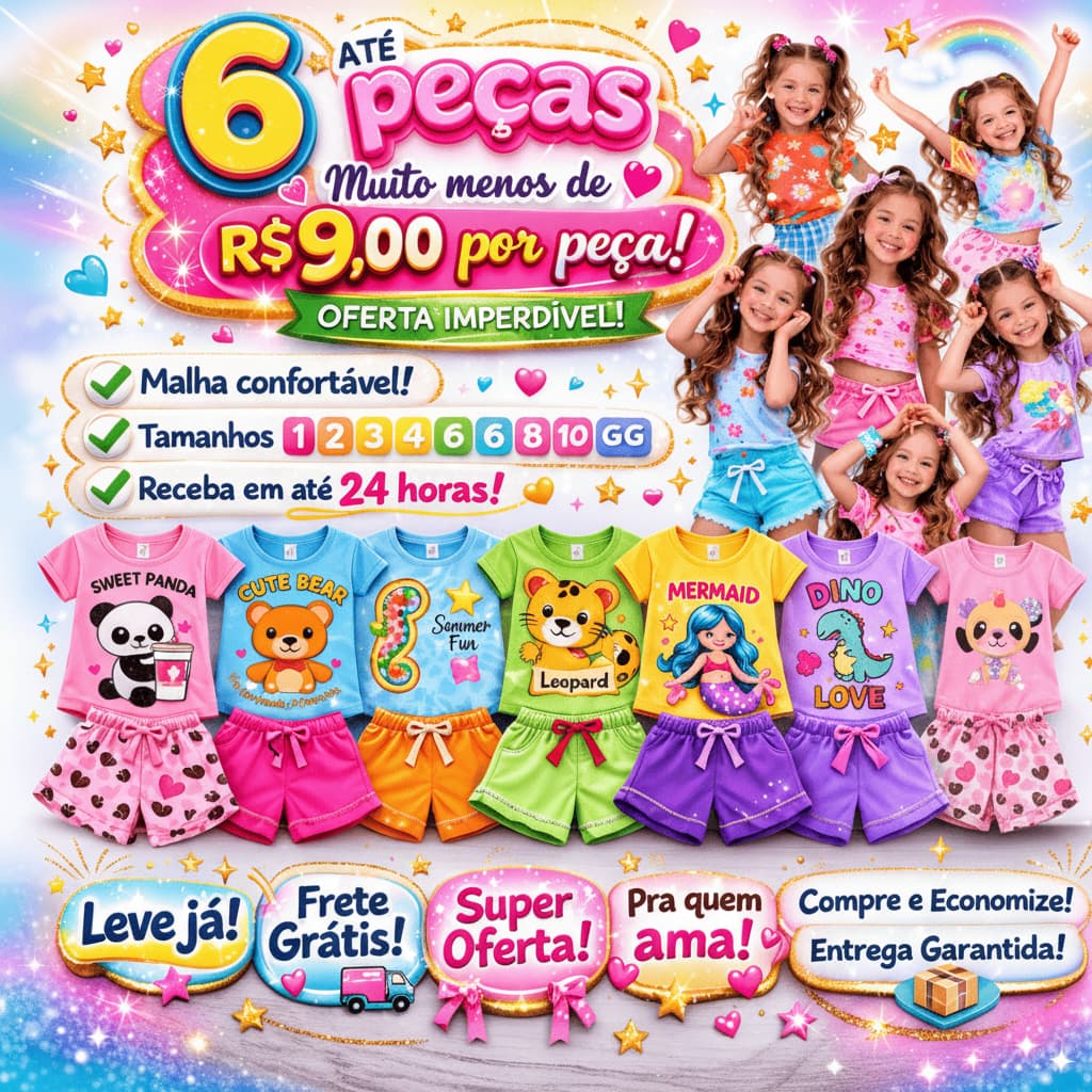 Kit 6 Peças Conjunto Infantil Menina Verão Roupa Confortável Bebê Moda Criança