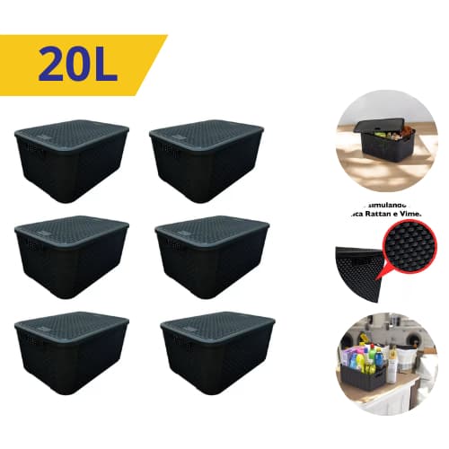Kit Caixas Organizadoras Rattan 20 litros 2/3/4/5/6 UN Preta com Tampa Multiuso Brinquedos Roupas