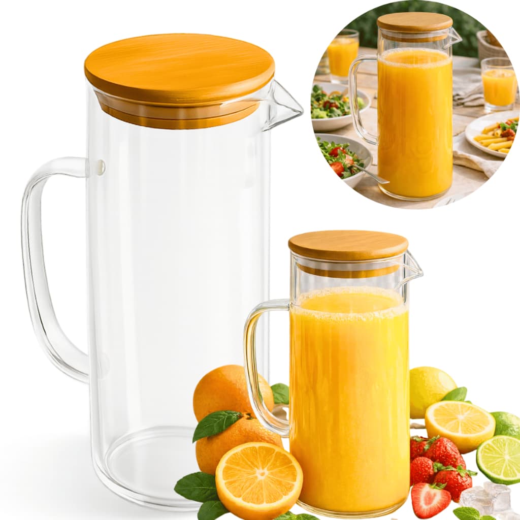 Jarra De Vidro Com Tampa De Bambu Para Servir Suco Água 1000ml