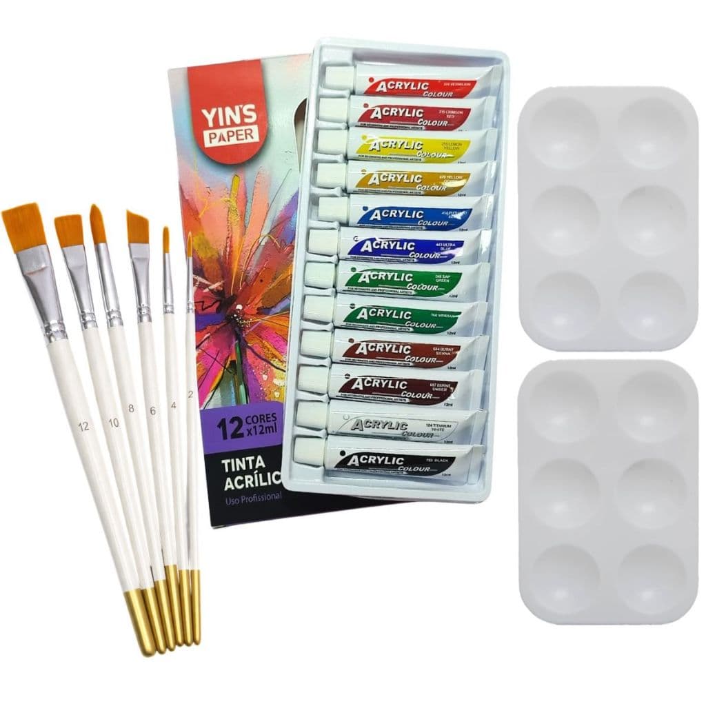 Kit 09 Pinceis Chato 12 Tintas Acrilica 12 ml e Godê 6 Cavidades Pintura