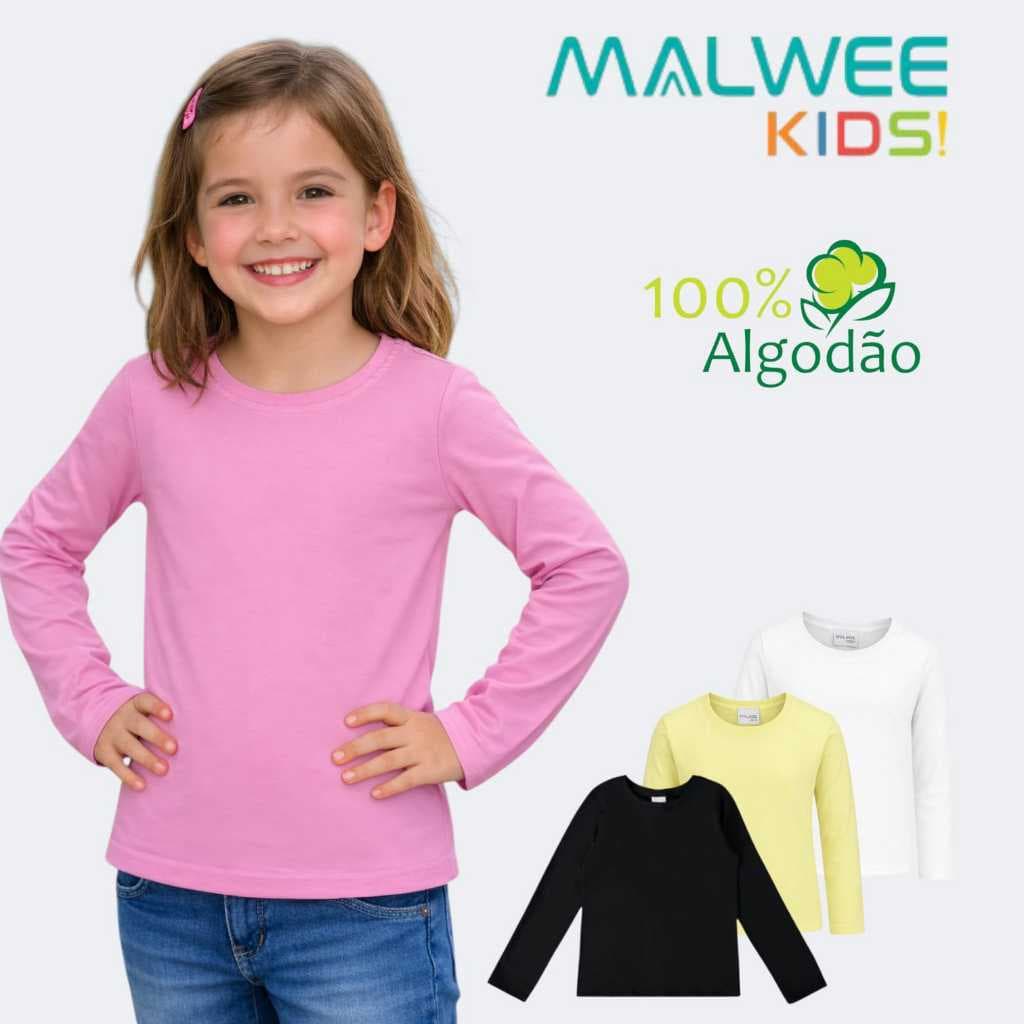Camiseta Malwee kids manga longa infantil menina 100 % Algodão basico escolar meia estação inverno