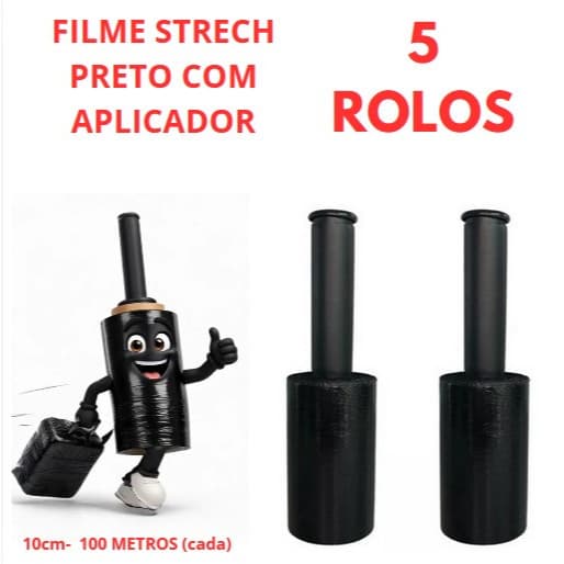 5 Rolos Filme Stretch PRETO C/ Cabo Adaptador (10cm) 100 Metros (cada)