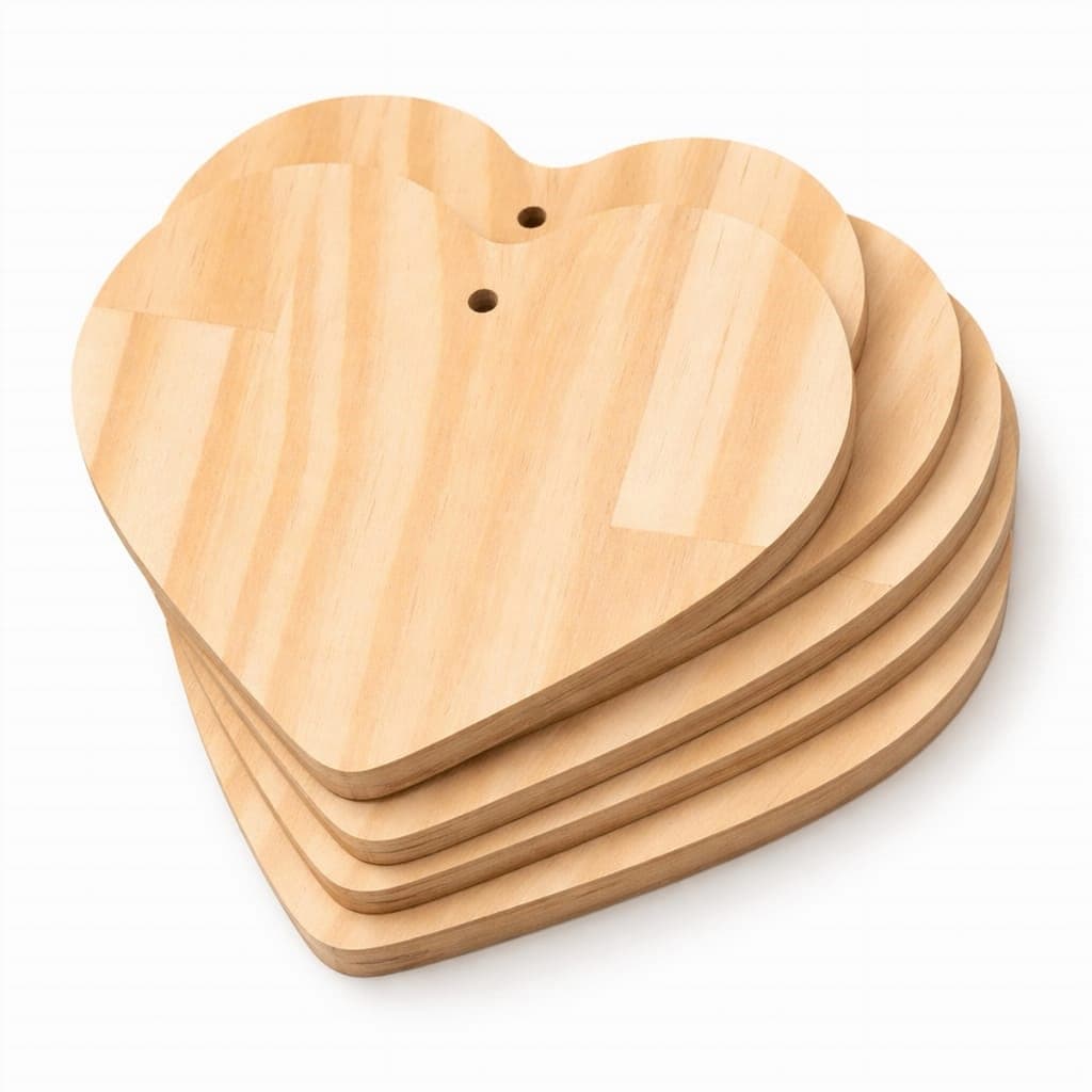 Kit 5 Coração de Madeira com Furo em Madeira Natural Pinus Madeira