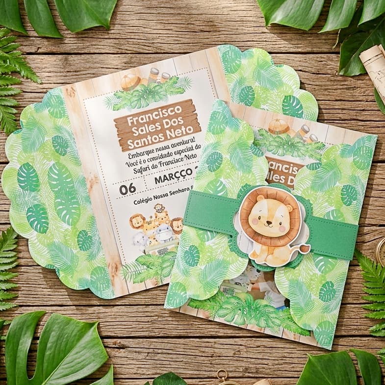 Convite Safari Personalizado Infantil Kit 10/30 Unidades - Convite Grande 12x16cm Safari Menino