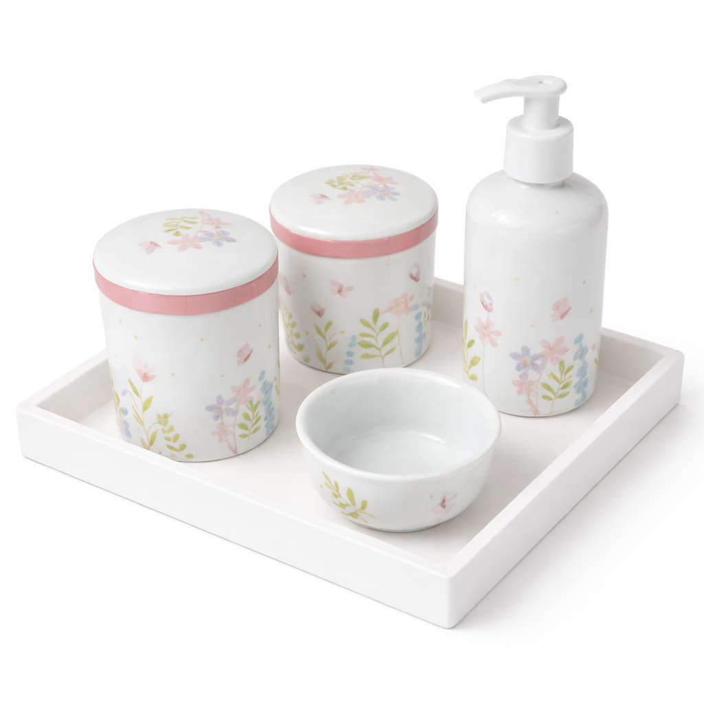 Kit Higiene Bebê Porcelana Floral Rosa Lilas Delicadas Quartinho Infantil Criança
